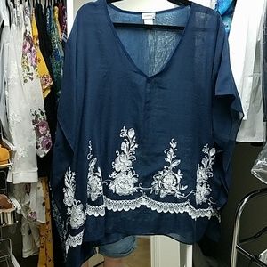 Navy Blue Embroidered V neck Poncho (one size)